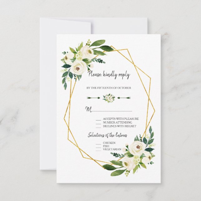 Cartão RSVP Chic Quadro Floral Branco Verde Dourado Casamento  (Frente)