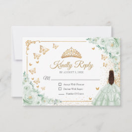 Cartão RSVP Chic Sage Green Roses Gold Quinceanera Reply