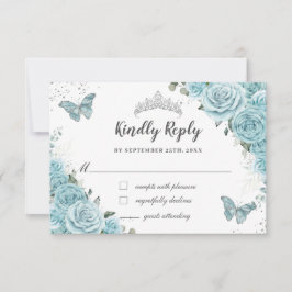 Cartão RSVP Chic Turquesa Azul Floral Quinceañera Borboletas