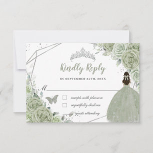 Cartão RSVP Chic Verde Sage Floral Prata Quinceañera Princesa