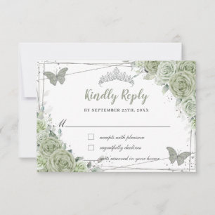 Cartão RSVP Chic Verde Sage Floral Prata XV 15 16 Quinceañera