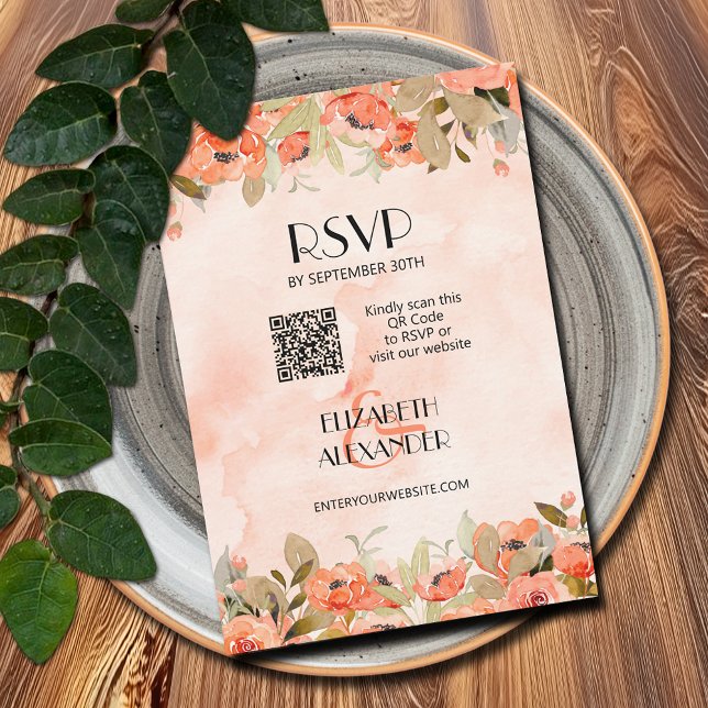 Cartão RSVP Chic Watercolor Floral Código QR (Watercolor Orange Floral RSVP Cards with website QR Code)