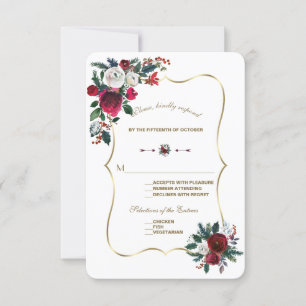 Cartão RSVP Chic Winter Burgundy Floral Pine Dourada Casamento