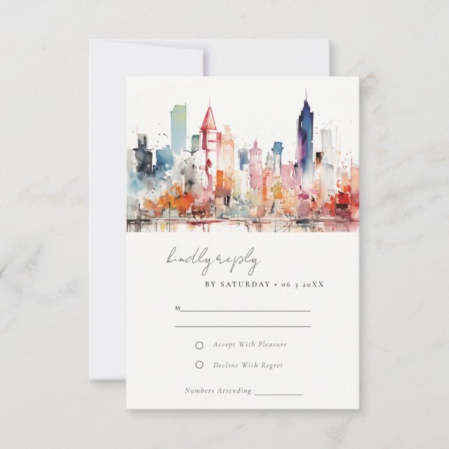 Cartão RSVP Chicago Illinois Watercolor Landscape Wedding (Frente)