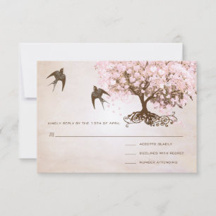 Cartão RSVP Chocolate Misty Pink Heart Leaf Tree Love Birds