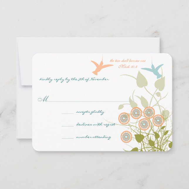 Cartão RSVP Christian Wedding Lovebird Hummingbird Floral (Frente)