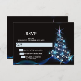 Cartão RSVP Christmas Party Blue Shiny Tree Black Elegant