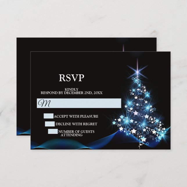 Cartão RSVP Christmas Party Blue Shiny Tree Black Elegant (Frente/Verso)