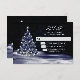 Cartão RSVP Christmas Party Blue Shiny Tree Winter Navy