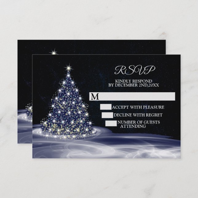 Cartão RSVP Christmas Party Blue Shiny Tree Winter Navy (Frente/Verso)