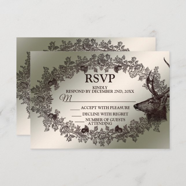 Cartão RSVP Christmas Party Floral Reindeer Golden Winter (Frente/Verso)
