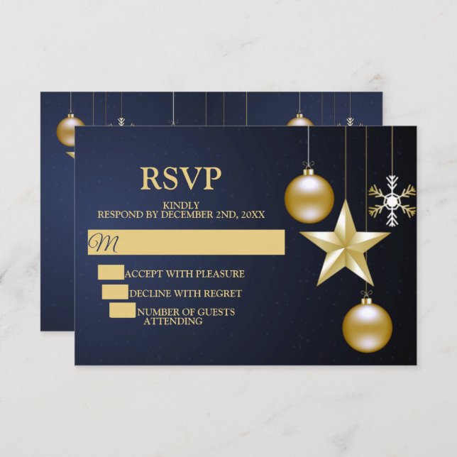 Cartão RSVP Christmas Party Golden Ornaments Navy Blue Elegant (Frente/Verso)
