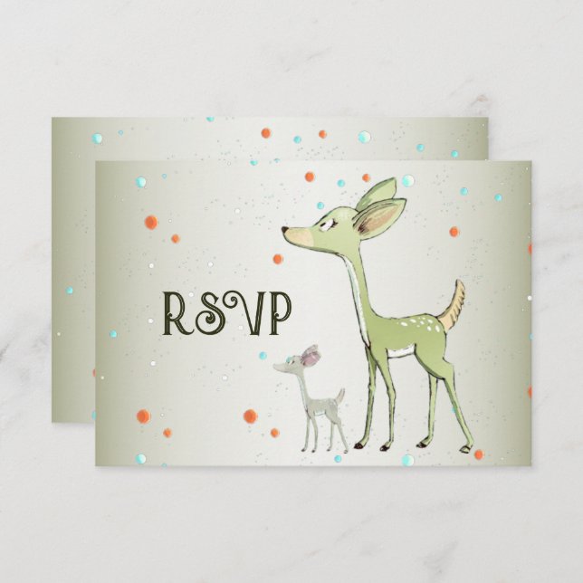 Cartão RSVP Christmas Party Green Deers Holidays Cute (Frente/Verso)
