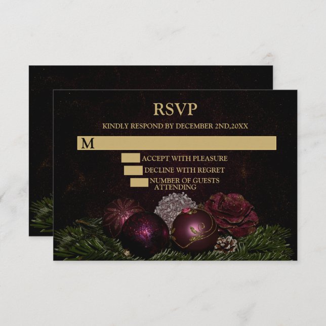 Cartão RSVP Christmas Party Pink Ornaments Green Leaves Black (Frente/Verso)