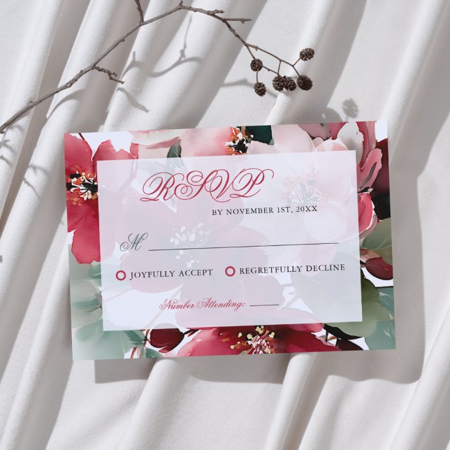 Cartão RSVP  Christmas Themed Red Floral Wedding  (Criador carregado)