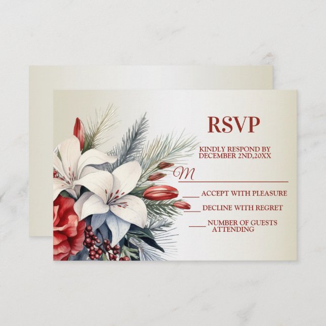 Cartão RSVP Christmas White Red Flowers Holidays Elegant (Frente/Verso)