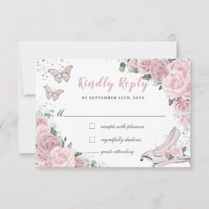 Cartão RSVP Cinderela Princesa Rosa Claro Floral Quinceañera