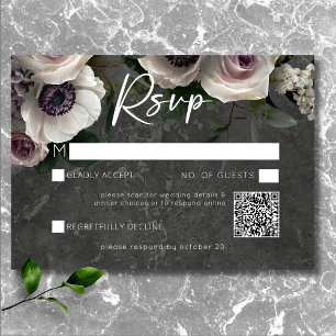 Cartão RSVP Cinza Carvão Elegante Floral Moderno Casamento QR