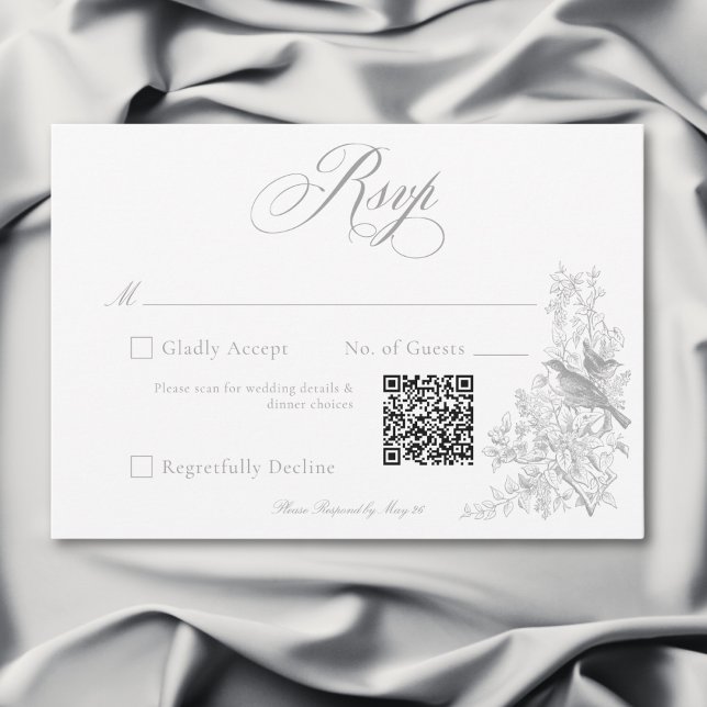 Cartão RSVP Cinza Chinoiserie Natureza e Aves Casamento QR (Elegant Gray Chinoiserie Nature & Birds Wedding QR RSVP Card)