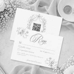 Cartão RSVP Cinza Clássico Vintage Preto Floral Coroa de Noiva