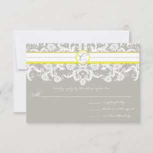 Cartão RSVP Cinza Damask Swirls Bright Yellow WedRSVP