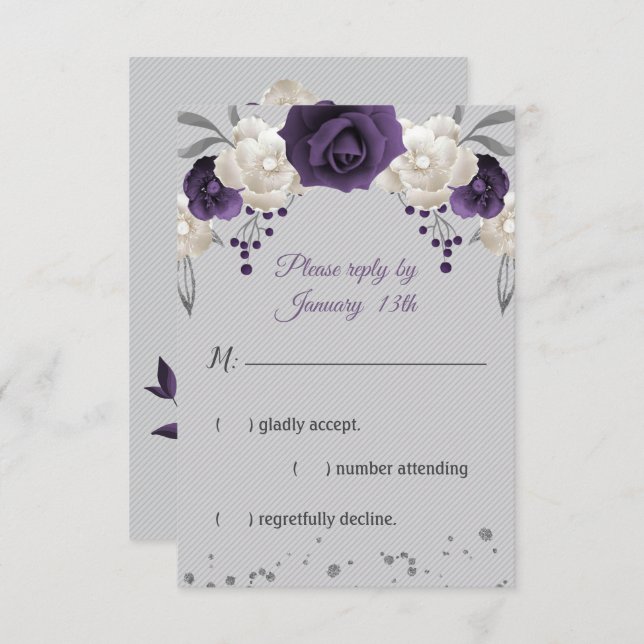 Cartão RSVP Cinza de flores brancas roxas e poeirentas (Frente/Verso)