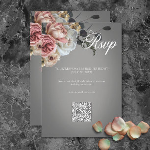 Cartão RSVP Cinza de Rosas Florais Brancas Elegantes QR