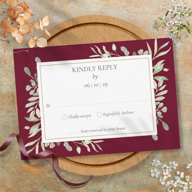 Cartão RSVP Cinza Dourada de Watercolor (Burgundy Gold Watercolour Greenery RSVP Card)