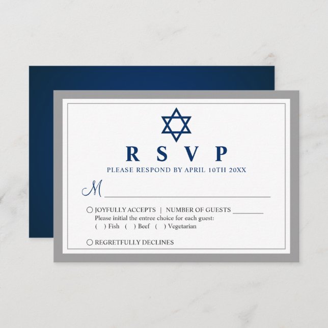 Cartão RSVP Cinza Elegante e Bar Azul Marinho Mitzvah (Frente/Verso)
