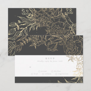 Cartão RSVP Cinza Floral Casamento de Pampas Dourado em Ferro
