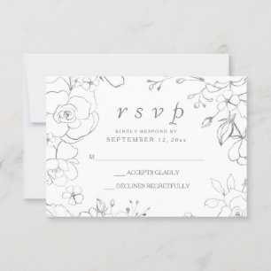 Cartão RSVP Cinza Prateado Floral Simples Elegante Casamento R