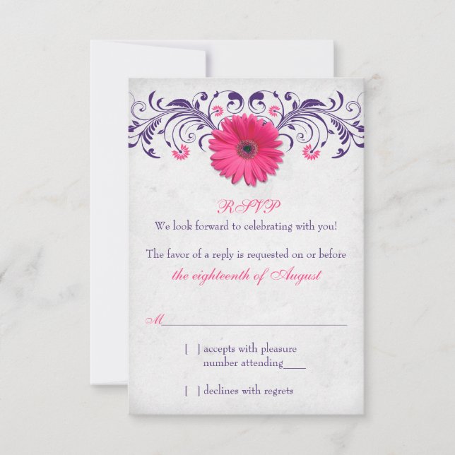 Cartão RSVP Cinza Rosa Gerber Daisy Purple Casamento Floral RS (Frente)