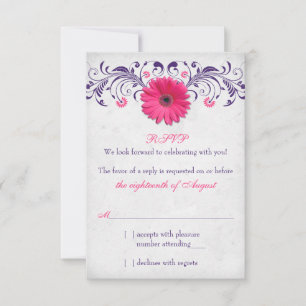 Cartão RSVP Cinza Rosa Gerber Daisy Purple Casamento Floral RS