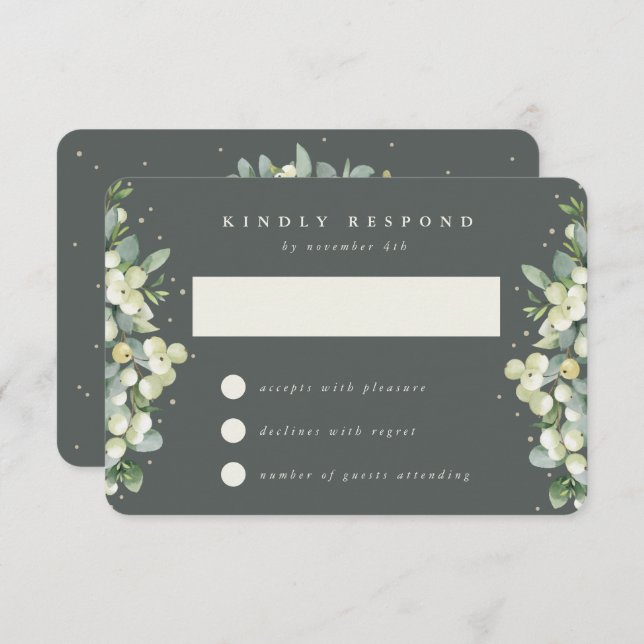 Cartão RSVP Cinza Verde Snowberry+Eucalyptus Weding (Frente/Verso)