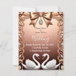 Cartão RSVP 🌸 Cisnes Brancos Casamento em Dourado Rosa