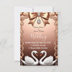 Cartão RSVP 🌸 Cisnes Brancos Rosa Dourado Casamento