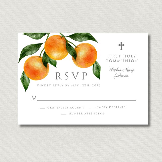 Cartão RSVP Citrinos Botânicos Modernos - Primeira Comunhão Re (Modern Botanical Citrus Religious First Communion RSVP Card)