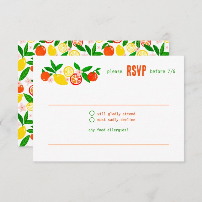 Cartão RSVP Citrus Celebration CUSTOM Summer BRIDAL SHOWER (Frente/Verso)