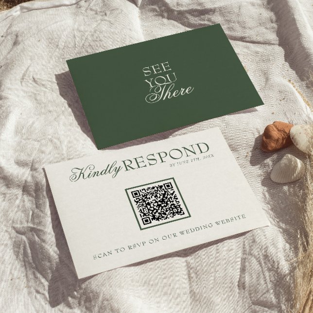 Cartão RSVP Class Emerald Green Boho QR Fancy Code Wedding (Criador carregado)
