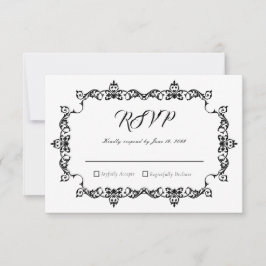 Cartão RSVP Classic Black on White Ornately Framed Wedding
