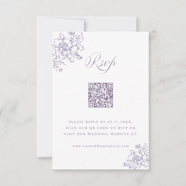 Cartão RSVP Classic Bloom Garden Lavender Wedding QR Code (Frente)