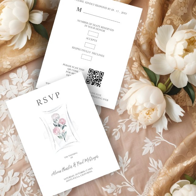 Cartão RSVP Classic Cute Floral Peonies Bunch in Gray & Pink (Classic Cute Watercolor Effect Floral Peonies Bunch in Gray & Pink Wedding RSVP Card.)