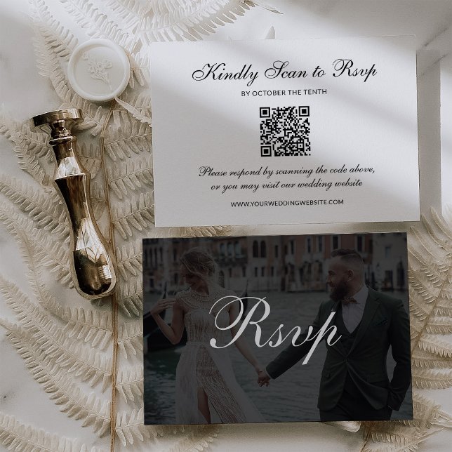 Cartão RSVP Classic Dark Overlay | QR Code Photo Wedding (Criador carregado)
