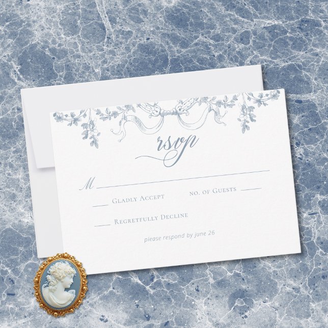 Cartão RSVP Classic Elegant Dusty Blue Floral Frame Wedding (Classic Elegant Dusty Blue Floral Frame Wedding RSVP Card)