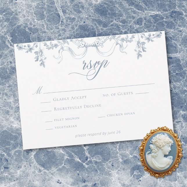 Cartão RSVP Classic Elegant Dusty Blue Floral Swag Wedding (Classic Elegant Dusty Blue Floral Ribbon Wedding RSVP Card)