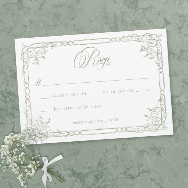 Cartão RSVP Classic Elegant Sage Green Floral Frame Wedding (Classic Elegant Sage Green Floral Frame Wedding RSVP Card)