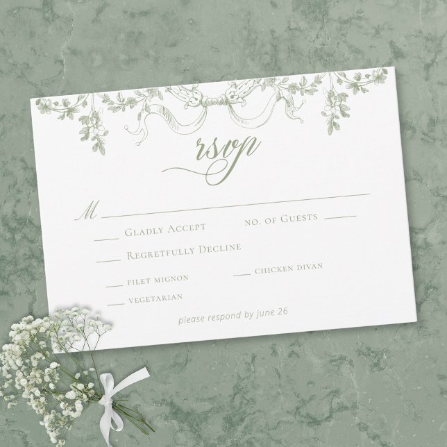 Cartão RSVP Classic Elegant Sage Green Floral Frame Wedding (Criador carregado)