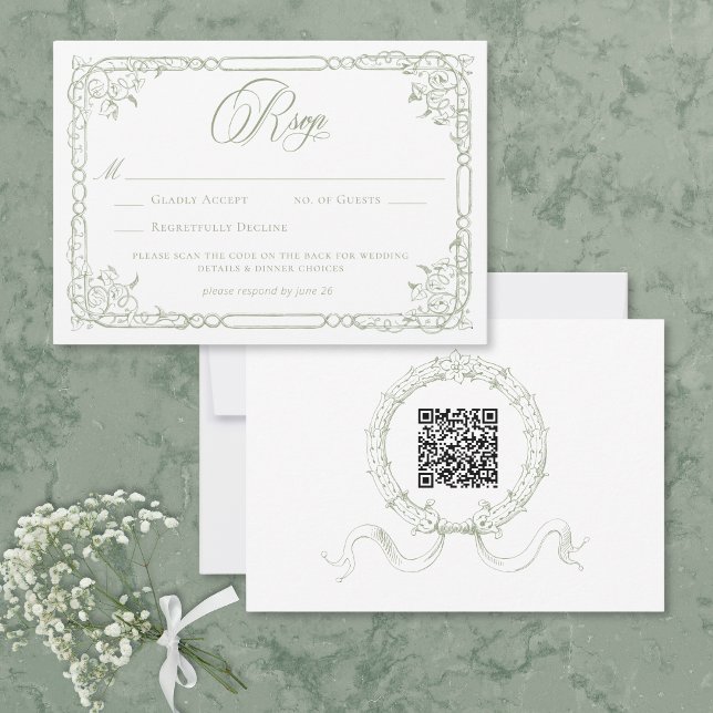 Cartão RSVP Classic Elegant Sage Green Floral Frame Wedding QR (Classic Elegant Sage Green Floral Frame Wedding QR RSVP Card)