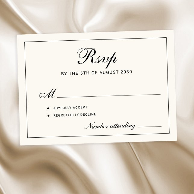 Cartão RSVP Classic elegant script black and ivory wedding (Criador carregado)