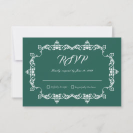 Cartão RSVP Classic Emerald Green Ornately Framed Wedding